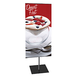 Classic Mini tabletop banner stand with fabric banner and black frame.