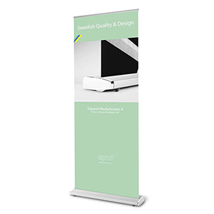 Trade show retractable banner stand with graphic banner.