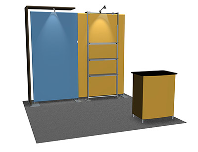 Featherlite Medallion 10' trade show display with small canopy and external shelving unit.