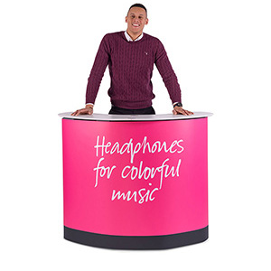 Expand PodiumCase portable presentation counter with graphic and header panel.