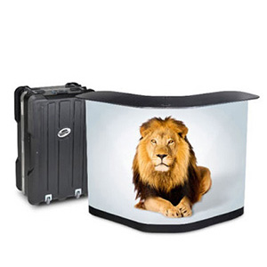 Expolinc case-to-counter kit with laminated top, built-in shelves and graphic wrap.