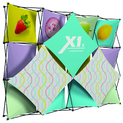 Xpressions 4x3' stretch fabric pop-up display with vibrant graphics.