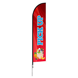 Outdoor advertising angled flag banner displays.