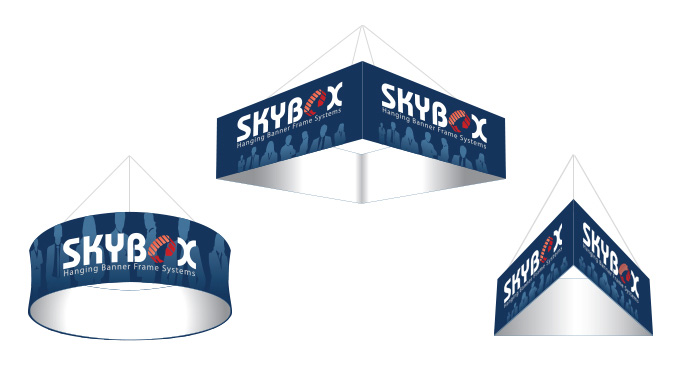 Group of 3 hanging overhead tension stretch fabric structures with aluminum tube frame and dye-sublimation vibrant graphics.