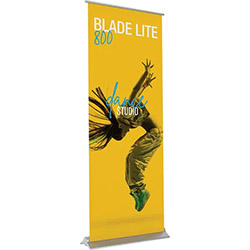 Blade Lite 31 inch retractable banner stand with zerocurl graphic banner.