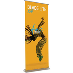 Blade Lite 33 inch retractable banner stand with zerocurl graphic banner.