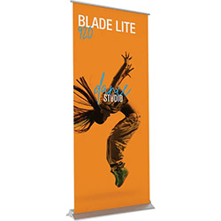 Blade Lite 36 inch retractable banner stand with zerocurl graphic banner.