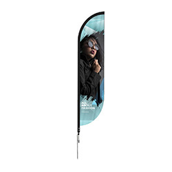 Convex outdoor feather flag stand with black pole and fabric graphic.