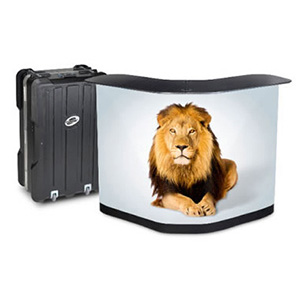 Expolinc case-to-counter kit with laminated top, built-in shelves and graphic wrap.