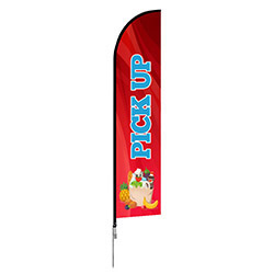 Angled feather outdoor flag stand with fabric banner and spike base.