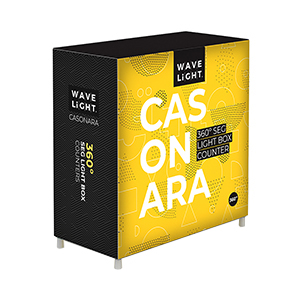Casonara portable light box counter with vibrant backlit fabric graphic.