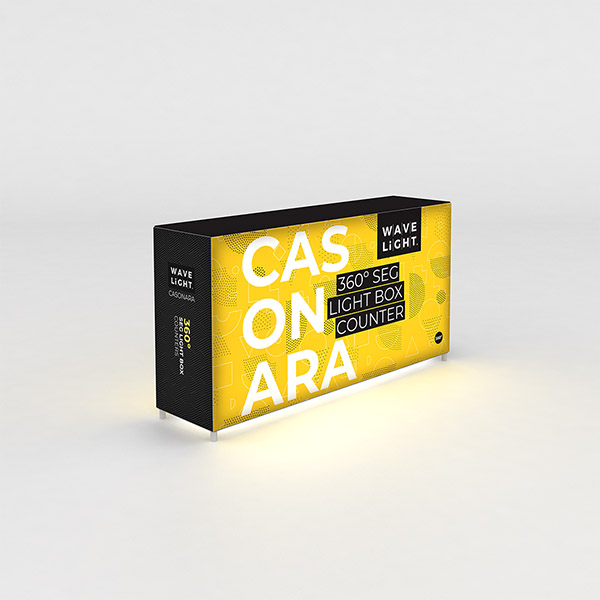 Casonara 200m light box counter with vibrant fabric backlit graphics.