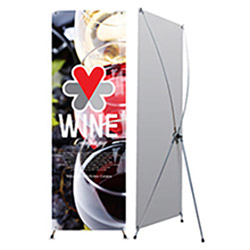 Xframe lightweight portable banner stand with vinyl or fabric banner attached with grommets.